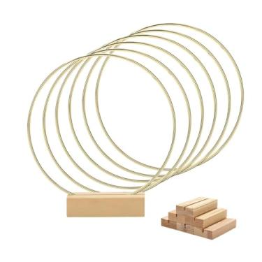 Imagem de Conjunto de 6 argolas florais com 6 unidades de suportes de madeira - peças centrais de anel de metal para decoração de mesa de casamento, grinaldas para pendurar na parede, apanhadores de sonhos e