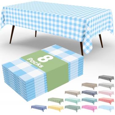 Imagem de misaya Pacote com 8 toalhas de mesa descartáveis de búfalo, 137 x 272 cm, toalha de mesa de plástico impermeável, retangular, azul bebê e branco, para piquenique, aniversário, festa