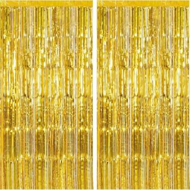 Imagem de 2 peças de cortinas de fundo com franjas douradas 99 x 198 cm, decorações de festa de dança para véspera de Ano Novo de 2026, Natal, Dia das Bruxas, aniversário, chá de bebê, festa de revelação de