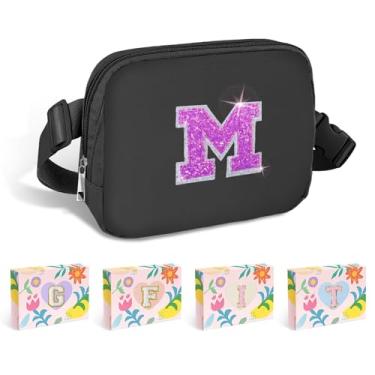 Imagem de COSHAYSOO Pochete de cintura pequena com faixa ajustável com inicial de letra remendo alça ajustável para mulheres adolescentes correndo viajando academia caminhadas, mini bolsa transversal de viagem transversal transversal bolsa moderna, Preto, Small, M