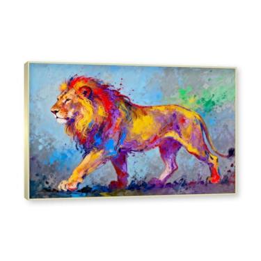 Imagem de Moldura dourada. Arte abstrata de respingos de leão, pintura colorida de animais em tela, decoração de parede expressiva moderna para sala de estar ou escritório. A51. 60x90cm-23,7x35,5 pol.