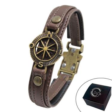 Imagem de Pulseira Masculina De Couro Bússola Ouro Velho-Unissex