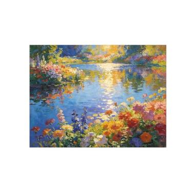 Imagem de Impressão em tela de paisagem de arte de parede - flores coloridas de primavera - pinturas de decoração de lago - imagens para sala de estar quarto 50 x 65 cm 20 x 26 pol sem moldura