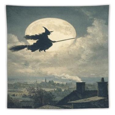 Imagem de Tapeçaria vintage de Halloween bruxa na vassoura lua cheia horizonte assustador decoração de parede sala de estar quarto decoração de casa exclusivo pendurado têxtil 152 x 152 cm tapeçaria