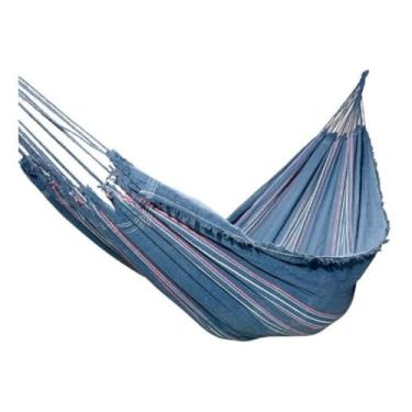 Imagem de Rede de Descanso e Dormir Azul com Listras Coloridas - Ideal para Varanda, Jardim, Praia e Camping, Rede Residencial Prática e Estilosa (Azul listrada,1 UNIDADE)