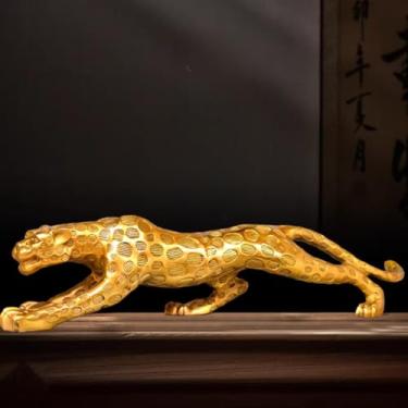Imagem de FENNYYAR Ornamento de estátua de leopardo de latão, 35 cm, decoração de armário de vinho para sala de estar e escritório