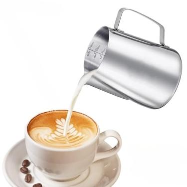 Imagem de 1 copo de aço inoxidável latte art com ponta pontiaguda e latte art graduado cuba espumador de leite copo de cera para derreter utensílios de café (caneca de café com leite de aço inoxidável 200 ml)