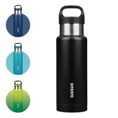 Imagem de BJPKPK Garrafa de água isolada de aço inoxidável de 510 g com alça de parede dupla, garrafa isolada a vácuo, livre de BPA, preta