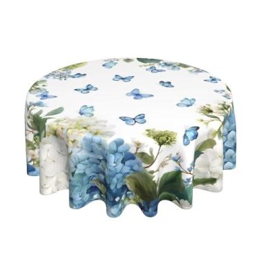 Imagem de OFIRD Toalhas de mesa redondas de primavera 177 cm azul hortênsia borboleta floral decorativa toalha de mesa redonda flor de verão lavável reutilizável capa de mesa circular para casa, cozinha, sala