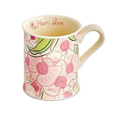 Imagem de Caneca de cerâmica moderna com estampa de flores coloridas e quentes, bebidas quentes e frias, cacau, leite, chá, cappuccino, latte, iogurte (rosa)