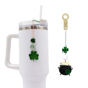 Imagem de Enfeite de copo de Dia de São Patrício - Corrente de trevo para decoração de canudo Stanley Clover Cup Acessórios de garrafa de água verde (pote de ouro)