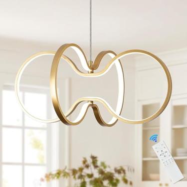 Imagem de Luminária pendente LED para sala de estar, com intensidade regulável e controle remoto, lustre moderno em alumínio e acrílico, ideal para sala de estar, sala de jantar e quarto (dourada).
