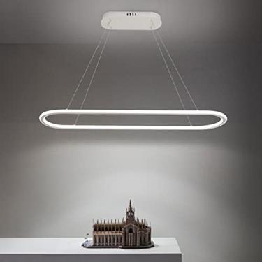 Imagem de Luminária pendente LED moderna para escritório ou sala de jantar com design oval, dimerizável e com controle remoto. Altura ajustável, ideal para mesas de escritório, sala de jantar e área d