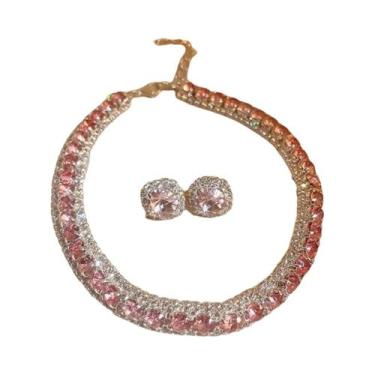 Imagem de Conjunto De Colar E Brincos De Cristal AB Rosa Para Mulheres, Acessóri