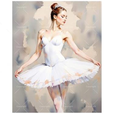 Imagem de Kit de pintura de dança de balé por números para adultos – DIY dançarina graciosa em pintura tutu branca em tela, conjunto de tinta acrílica, adequado para iniciantes, arte de balé para decoração de