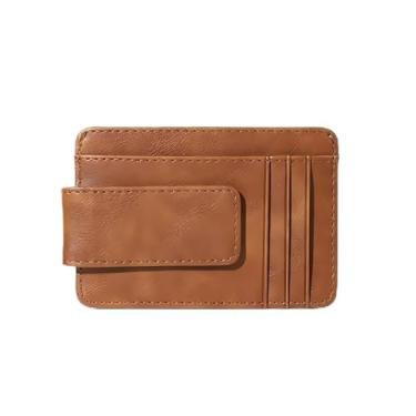 Imagem de Carteira masculina fina de fibra de carbono dobrável com bloqueio de RFID, bolso frontal, suporte fino para cartão de crédito com caixa de presente, Marrom, Moderno