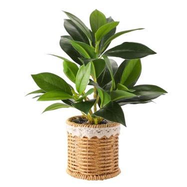 Imagem de Nubry Plantas falsas em vasos artificiais com vaso trançado para prateleira e mesa | Perfeito para decoração de mesa de centro de 25 cm