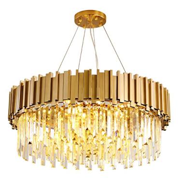 Imagem de Luminária pendente contemporânea de cristal, luminária de teto redonda de LED com cristais para sala de jantar e sala de estar, lustre de cristal moderno e luxuoso em formato de gota de chuv