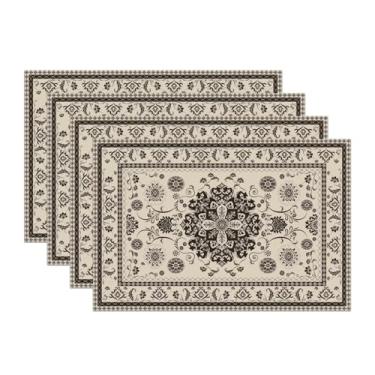 Imagem de Jogo americano boêmio étnico azul bege vintage preto floral linho lavável 30 x 45 cm para sala de jantar, cozinha, decoração de casa de fazenda, 4 peças