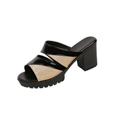 Imagem de Mules femininas de salto alto com bico redondo com bico aberto salto grosso para uso glamoroso, Dourado, 35