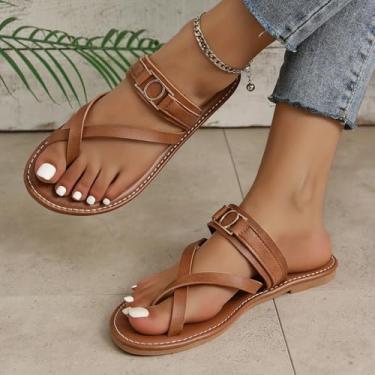 Imagem de Sandálias femininas de dedo do pé, dedo do pé aberto com tira cruzada, chinelo de dedo aberto, sapatos casuais de praia, Marrom, 38