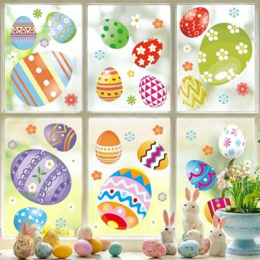 Imagem de Joeyan Adesivos de janela de Páscoa 9 folhas, dupla face colorido ovos de Páscoa e adesivo de janela de flor, decalques de vidro de férias de primavera para decoração de festa em casa, escritório