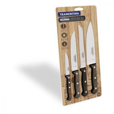 Imagem de Jogo de Facas Tramontina Polywood com Laminas em Aço Inox e Cabos de Madeira Castanho 4 Peças