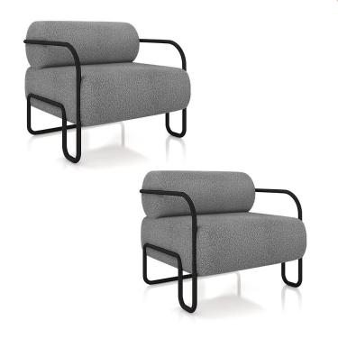 Imagem de Poltrona Sala De Estar Industrial Preto Kit 2 Ameli Bouclê K01 - D'rossi Cor Cinza Claro