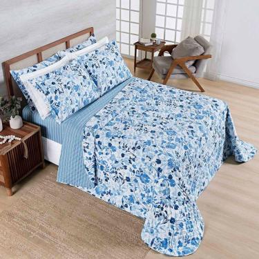 Imagem de Kit Cobre Leito Colcha Belle Casal Padrão Estampado Dupla Face 400 Fios 3 Peças Florido Azul