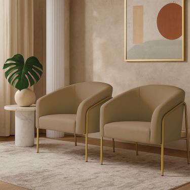 Imagem de Poltrona Sala Industrial Alta Dourado Kit 2 Stella Suede Marrom Rato D03 - D'rossi