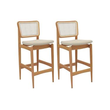 Imagem de Banqueta Cozinha Liz 1BMM009CA Premium Madeira Maciça Kit 2 Un Carvalho/Linho Bege Argila/Tela Bege Kappesberg