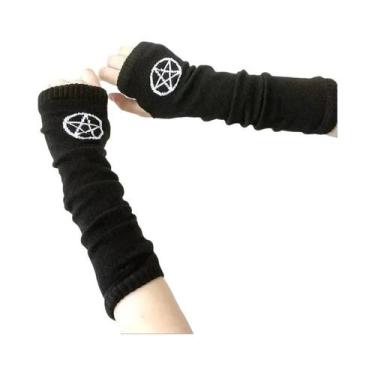 Imagem de Luvas Longas Sem Dedos Góticas Pretas Punk Com Cruz E Pentagrama Para 