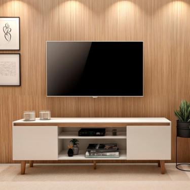 Imagem de Rack para Tv 55 Polegadas Pés em Madeira Cava Branco / Amadeirado