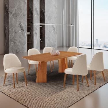 Imagem de Conjunto de Mesa de Jantar Bia Tampo Barril Laminado e 6 Cadeiras Ester Linho Off / Imbuia Natural / Cinamomo Imbuia
