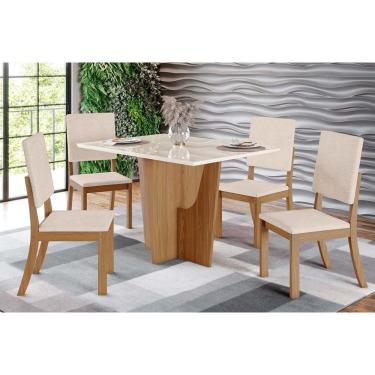 Imagem de Conjunto de Jantar Vértice Milla 4 Lugares Tampo em MDF e Vidro com Cadeiras Estofadas Marrom Off White Bege 120X80CM