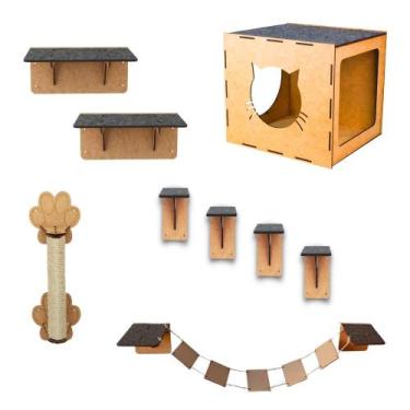 Imagem de Kit Playground de Gatos 9 Peças Mdf Carpete Feltro Arranhador Resisten
