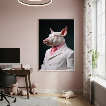 Imagem de Quadro Decorativo Porco Terno Branco 70x50cm Mold Preta