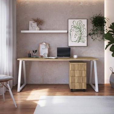 Imagem de Mesa Escrivaninha Industrial E Gaveteiro Com Rodízios Idea A03 Nogal Sevilha Branco - Lyam Decor