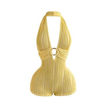 Imagem de Macacão feminino BEAUDRM de verão Halter Deep V amarelo manteiga