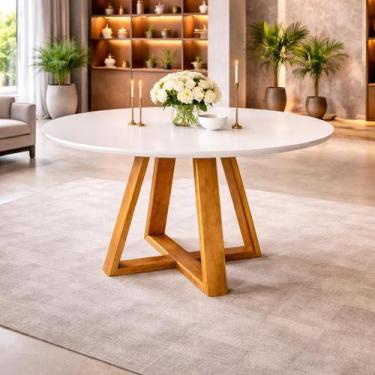 Imagem de Mesa de Jantar para 4 Lugares Redonda Pés Madeira Maciça Tampo Mdf e v