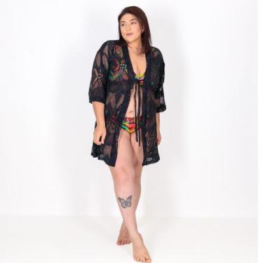 Imagem de Saída de Praia Kimono de Renda Preto - STW Moda, Preto, 48/50