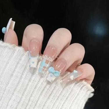 Imagem de Unhas Postiças Azuis Com Laço De Renda Feitas À Mão, Estilo Doce, Sexy