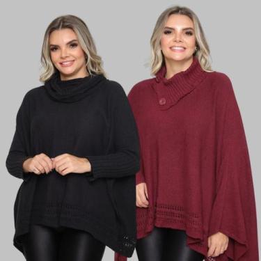 Imagem de Kit 2 Poncho Feminino Tricot Mousse Liso Gola Alta Casaco Lã - Rosilen