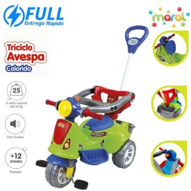 Imagem de Triciclo De Pedal 2 Em 1 Motoca Infantil Avespa Verde Com Haste e Prot