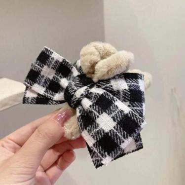 Imagem de Presilha De Cabelo Feminina Grande De Pelúcia Xadrez Com Laço, Estilo 