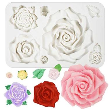 Imagem de FUNSHOWCASE Molde de silicone para doces de fondant de rosas e botões de flores grandes para decoração de bolos, topo de cupcake, chocolate, fundição de joias de resina epóxi, sabão caseiro,