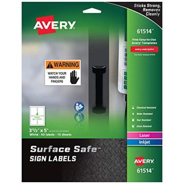 Imagem de Avery Placas de aviso imprimíveis, 8,9 cm x 12,7 cm, resistente à água/química, 60 etiquetas removíveis (61514)