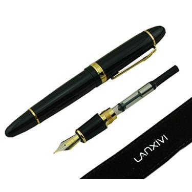 Imagem de Caneta-tinteiro Jinhao 159 acabamento de ouro preto médio com caneta grande e bolsa de caneta e conversor de tinta para refil