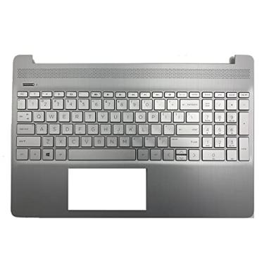 Imagem de LTPRPTS Capa superior de reposição para laptop com apoio de palma, teclado sem retroiluminação, conjunto de touchpad, sem peça de leitor de impressão digital com teclado para HP 15 DY EF M17184-001 prata