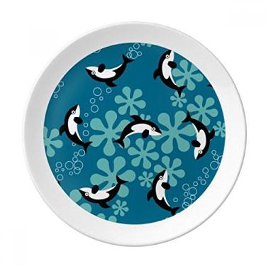 Imagem de Prato de jantar decorativo de porcelana salver com desenho de golfinhos baleias azuis